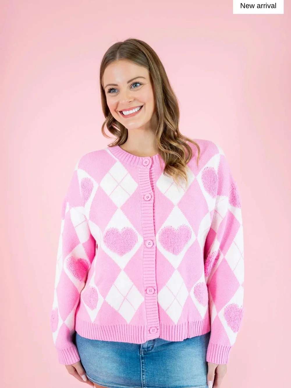Le lis Pink Heart Argyle Button-Up Sweater Cardigan